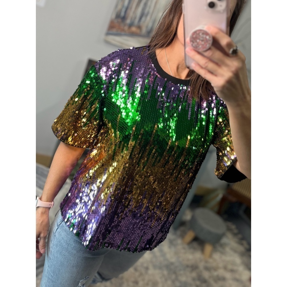 Mardi Gras Sequined Ombre Short Sleeves Cropped Parade Purple Green Gold 0923 - Picture 6 of 9